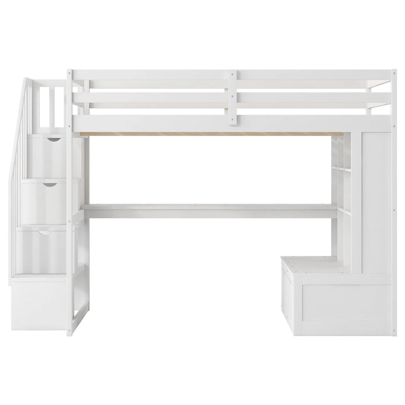 Lit mezzanine blanc avec bureau, étagères et tiroirs, 1 place