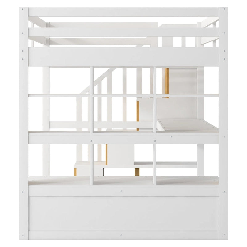 Lit mezzanine blanc avec bureau, étagères et tiroirs, 1 place