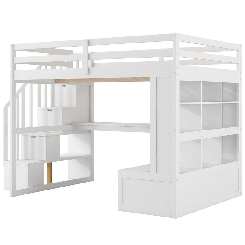 Lit mezzanine blanc avec bureau, étagères et tiroirs, 1 place