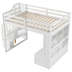 Lit mezzanine blanc avec bureau, étagères et tiroirs, 1 place