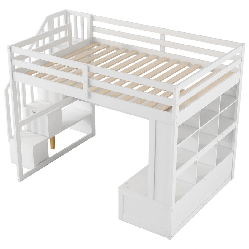 Lit mezzanine blanc avec bureau, étagères et tiroirs, 1 place