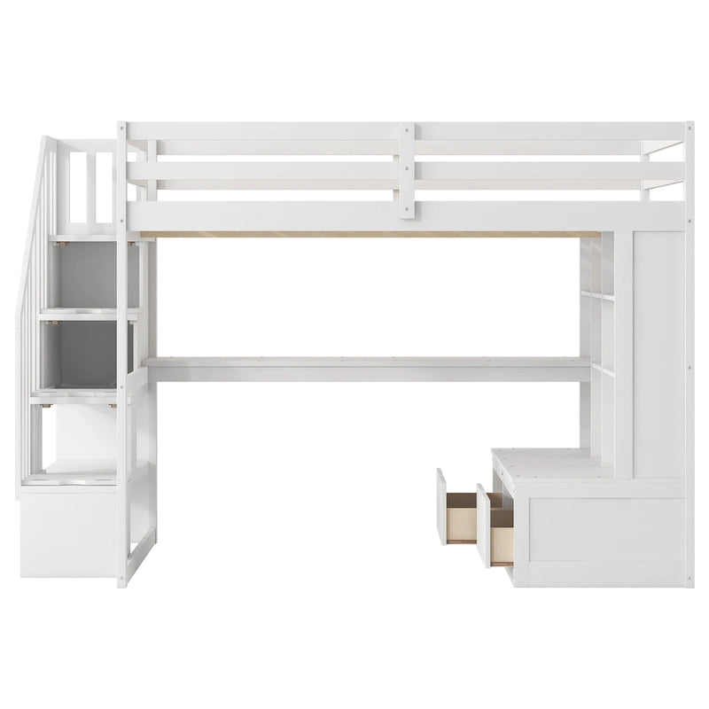 Lit mezzanine blanc avec bureau, étagères et tiroirs, 1 place