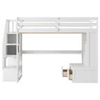 Lit mezzanine blanc avec bureau, étagères et tiroirs, 1 place