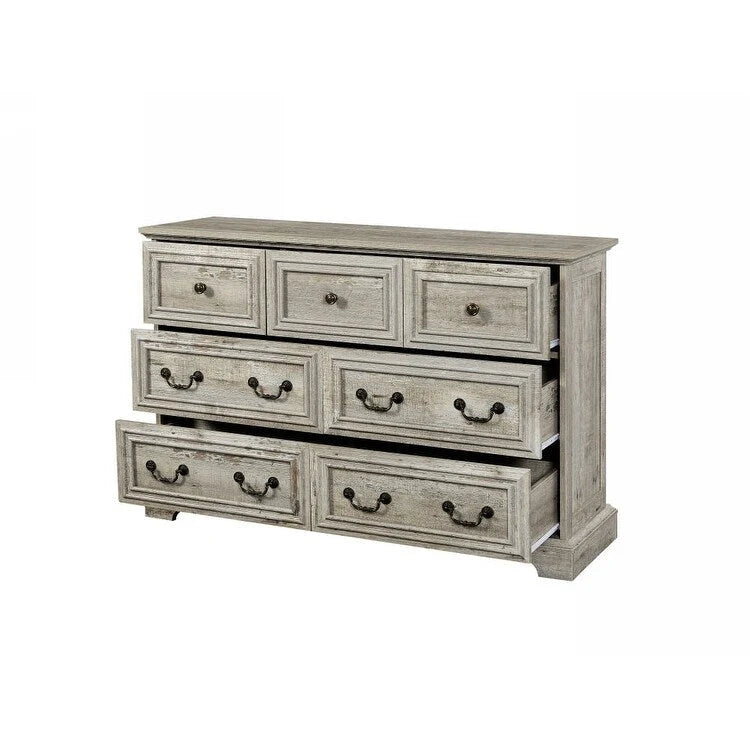 Commode 7 tiroirs en chêne ancien / style ferme marron et blanc vieilli, pour chambre et salon