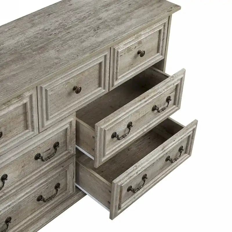 Commode 7 tiroirs en chêne ancien / style ferme marron et blanc vieilli, pour chambre et salon