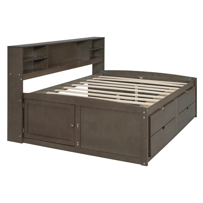 Lit de repos double antique marron/gris/blanc avec armoires, étagères et tiroirs, 1 personne