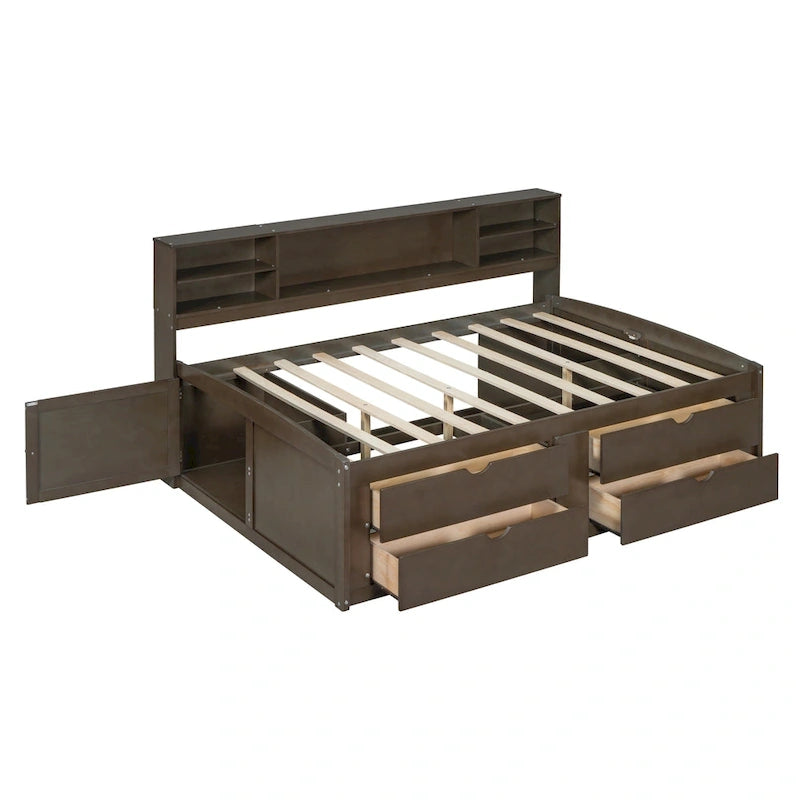 Lit de repos double antique marron/gris/blanc avec armoires, étagères et tiroirs, 1 personne