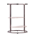 Table d'appoint ronde avec plateau en verre noir/blanc et étagères imitation travertin
