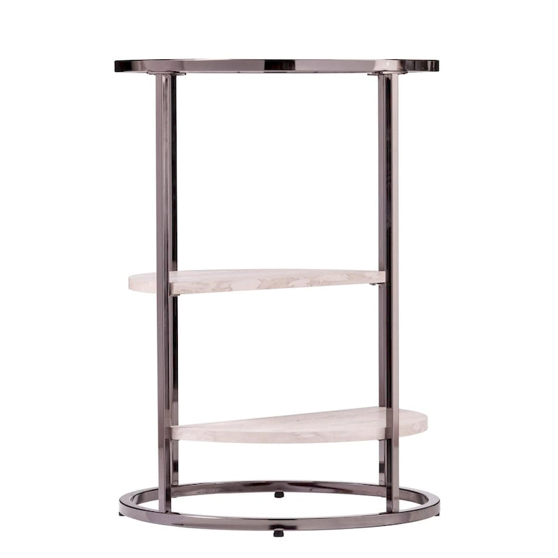 Table d'appoint ronde avec plateau en verre noir/blanc et étagères imitation travertin