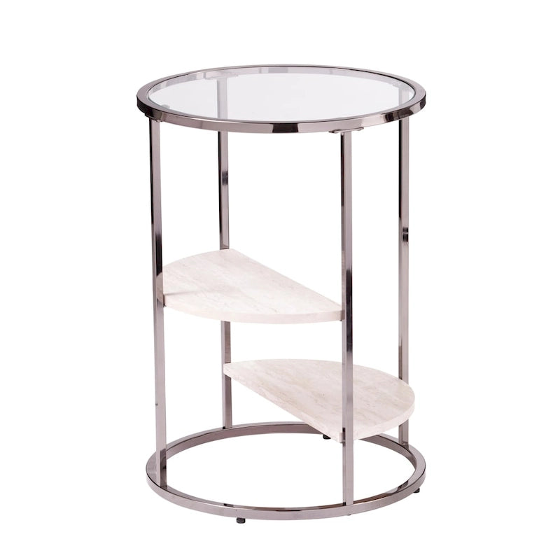 Table d'appoint ronde avec plateau en verre noir/blanc et étagères imitation travertin