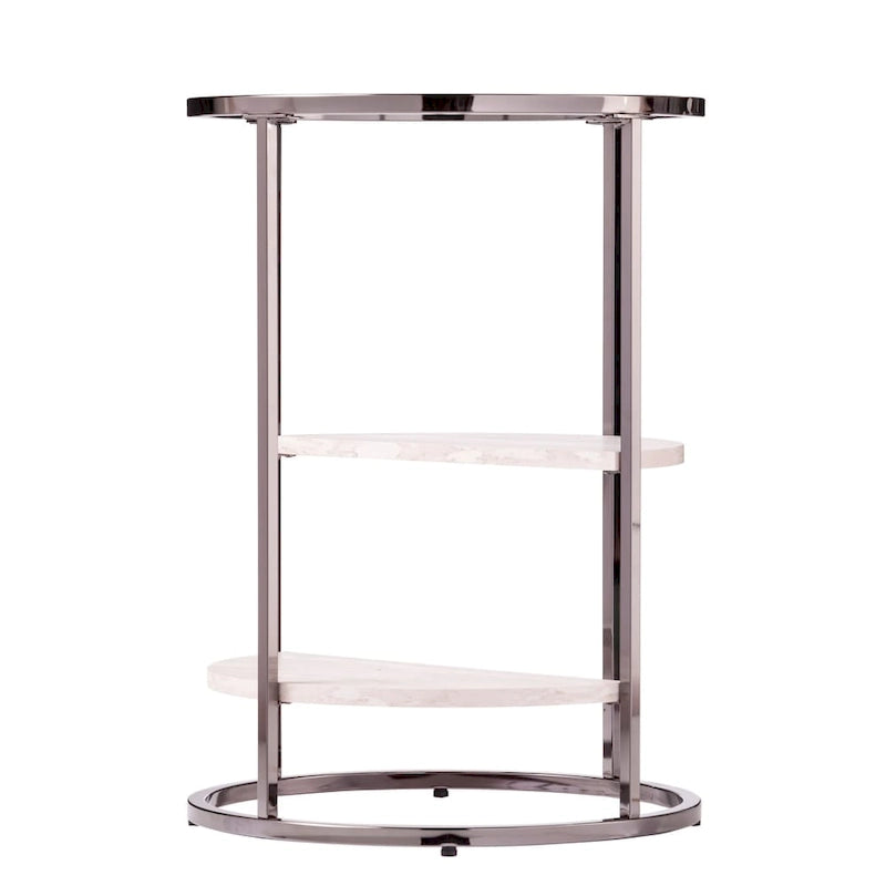 Table d'appoint ronde avec plateau en verre noir/blanc et étagères imitation travertin