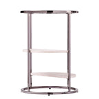 Table d'appoint ronde avec plateau en verre noir/blanc et étagères imitation travertin