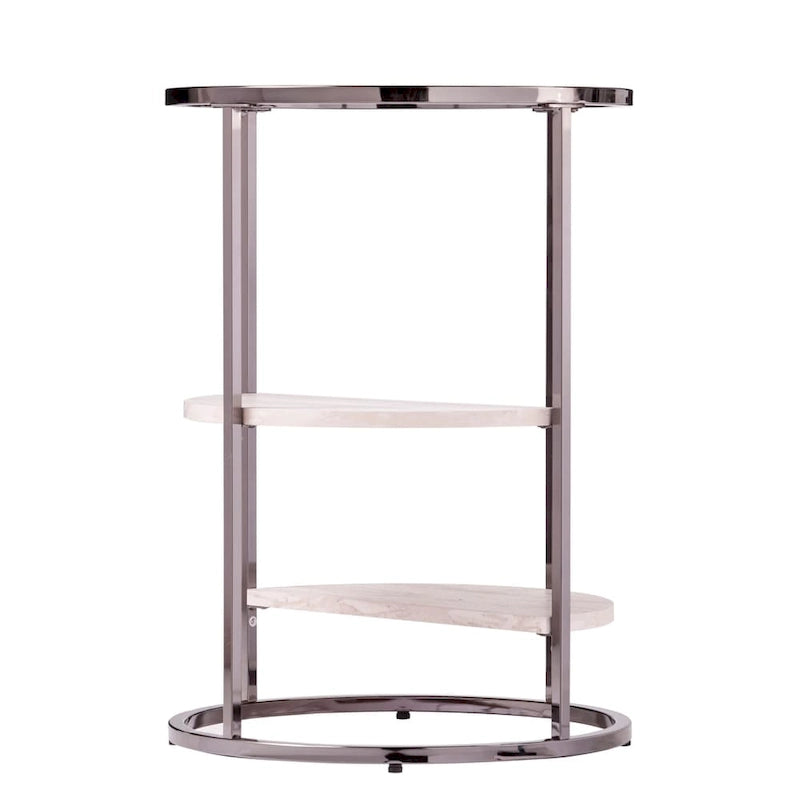 Table d'appoint ronde avec plateau en verre noir/blanc et étagères imitation travertin