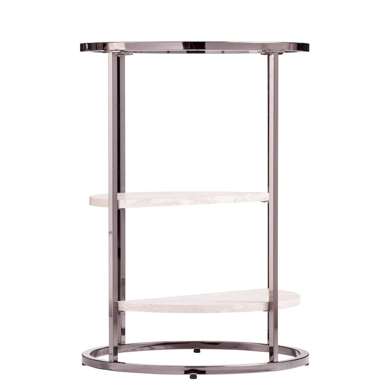 Table d'appoint ronde avec plateau en verre noir/blanc et étagères imitation travertin