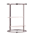 Table d'appoint ronde avec plateau en verre noir/blanc et étagères imitation travertin
