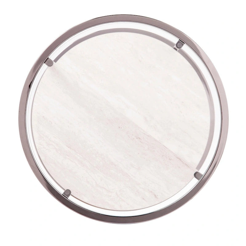 Table d'appoint ronde avec plateau en verre noir/blanc et étagères imitation travertin