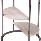 Table d'appoint ronde avec plateau en verre noir/blanc et étagères imitation travertin