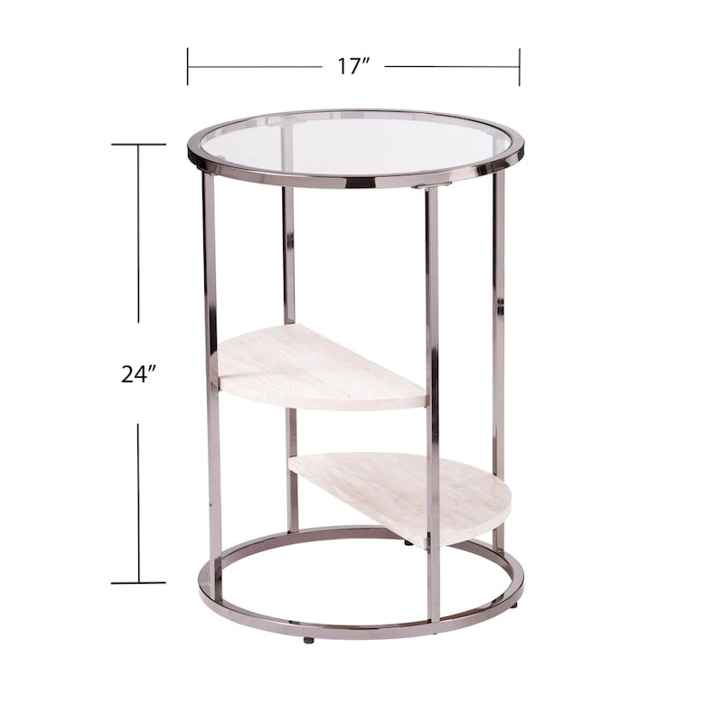 Table d'appoint ronde avec plateau en verre noir/blanc et étagères imitation travertin