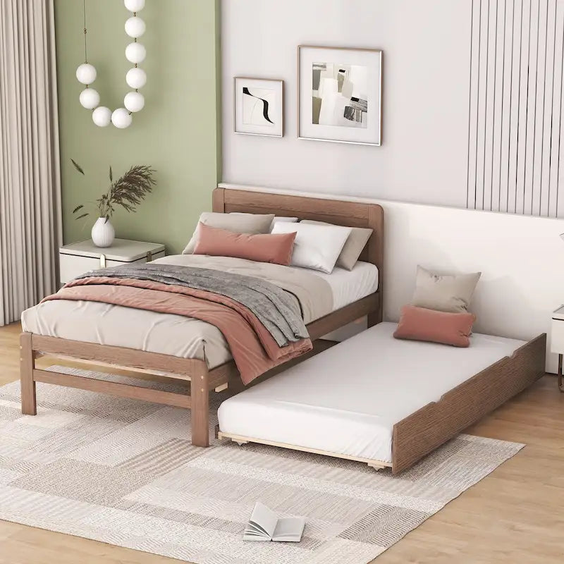 Lit gigogne plateforme en noyer, taille double, pour 2 personnes