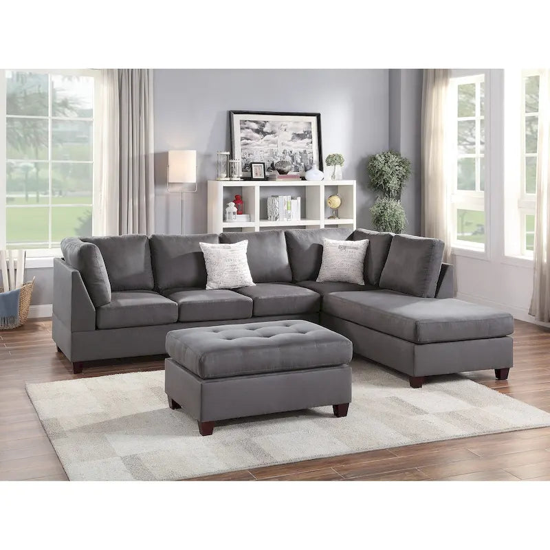Ensemble canapé d'angle 3 places en microfibre, ébène/gris, 3 places et plus