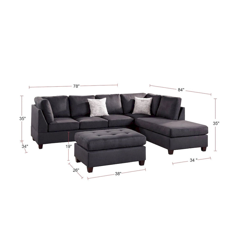 Ensemble canapé d'angle 3 places en microfibre, ébène/gris, 3 places et plus