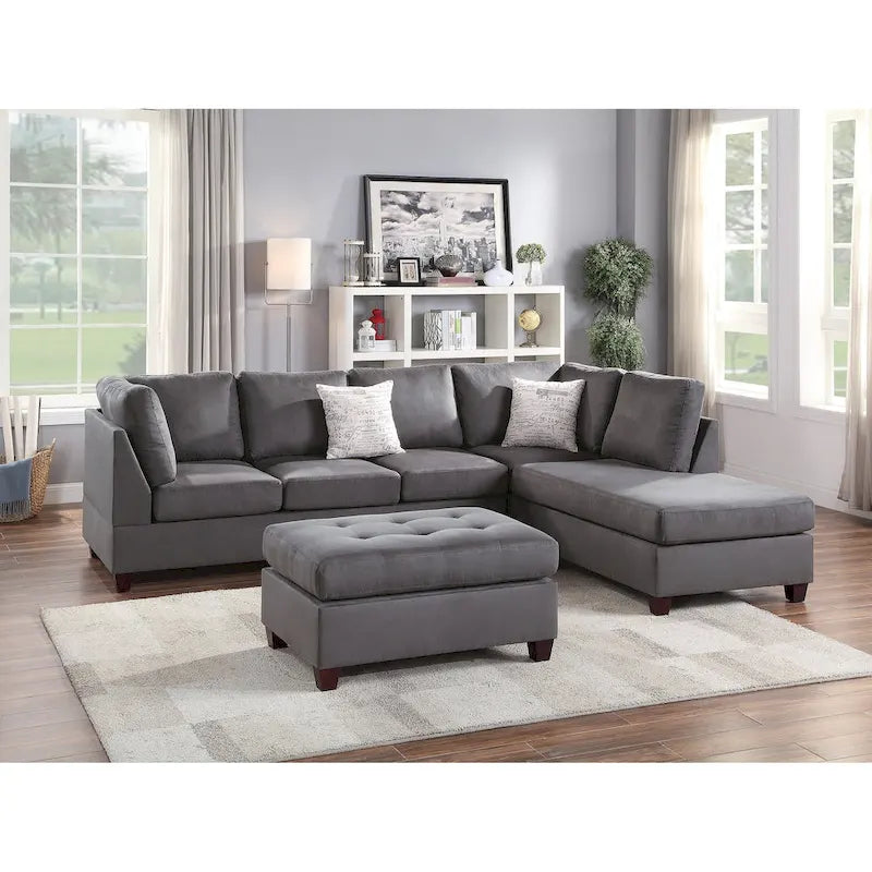 Ensemble canapé d'angle 3 places en microfibre, ébène/gris, 3 places et plus