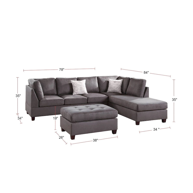 Ensemble canapé d'angle 3 places en microfibre, ébène/gris, 3 places et plus