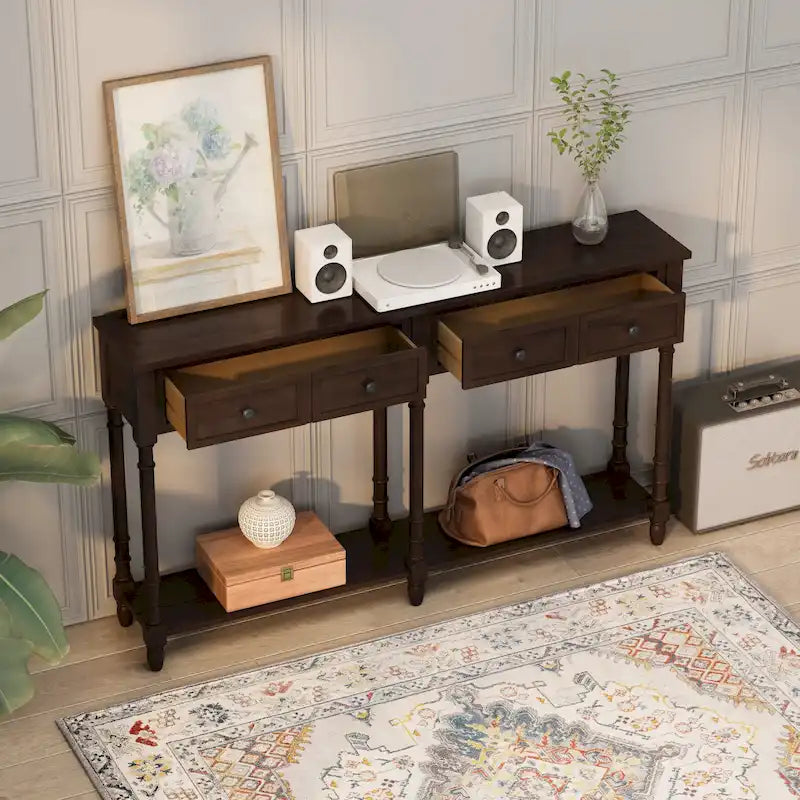 Console en Bois de Couleur Expresso/Bleu Marine avec 2 Tiroirs et Étagère Inférieure, Pour 1 Personne