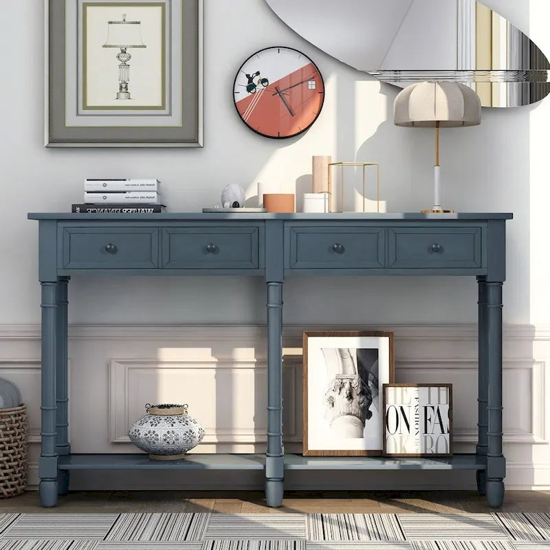 Console en Bois de Couleur Expresso/Bleu Marine avec 2 Tiroirs et Étagère Inférieure, Pour 1 Personne