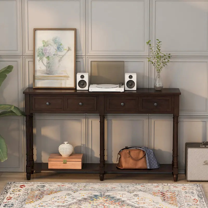Console en Bois de Couleur Expresso/Bleu Marine avec 2 Tiroirs et Étagère Inférieure, Pour 1 Personne