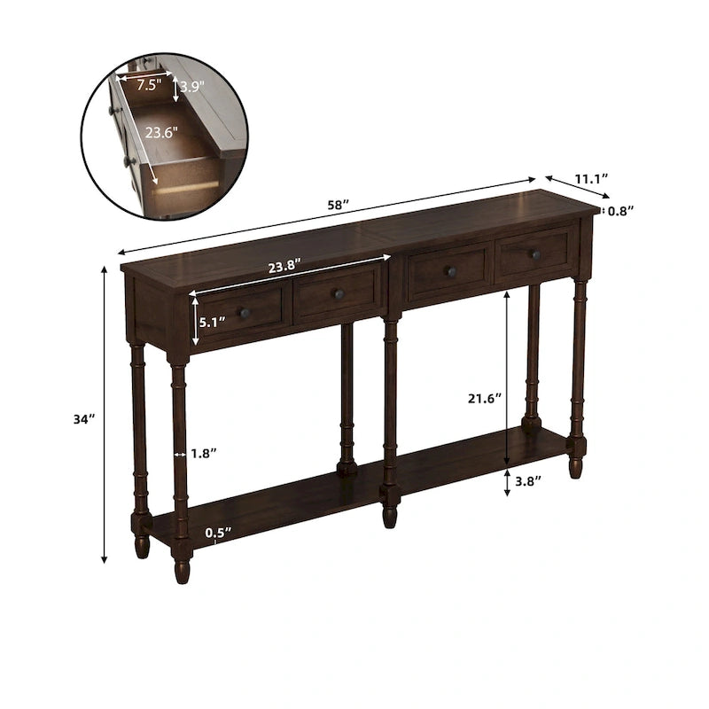 Console en Bois de Couleur Expresso/Bleu Marine avec 2 Tiroirs et Étagère Inférieure, Pour 1 Personne