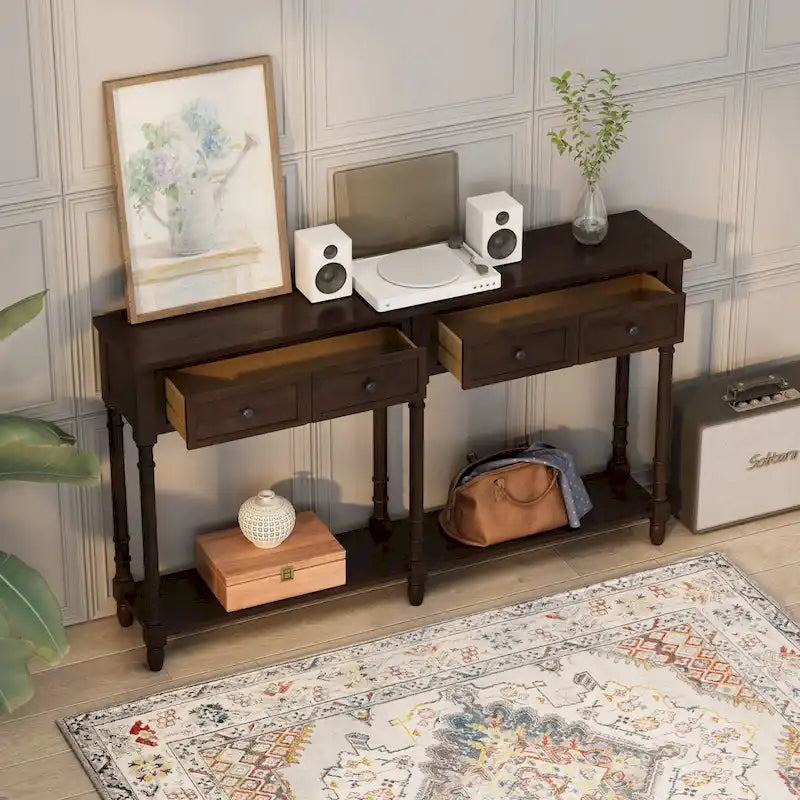 Console en Bois de Couleur Expresso/Bleu Marine avec 2 Tiroirs et Étagère Inférieure, Pour 1 Personne