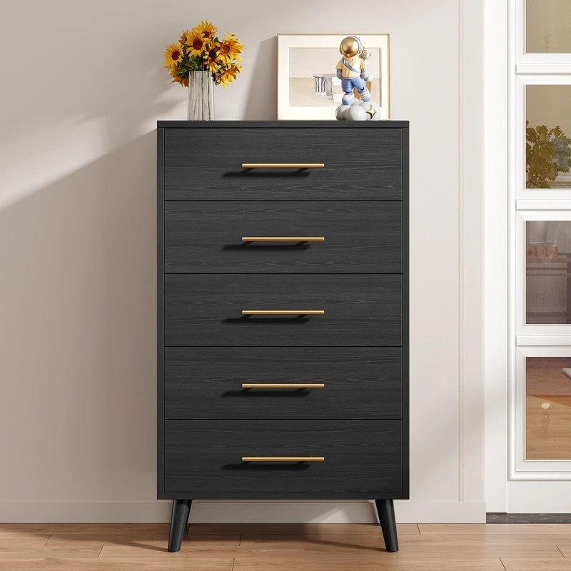 Commode à 5 tiroirs, noir/blanc, avec poignées en métal, pour 1 personne