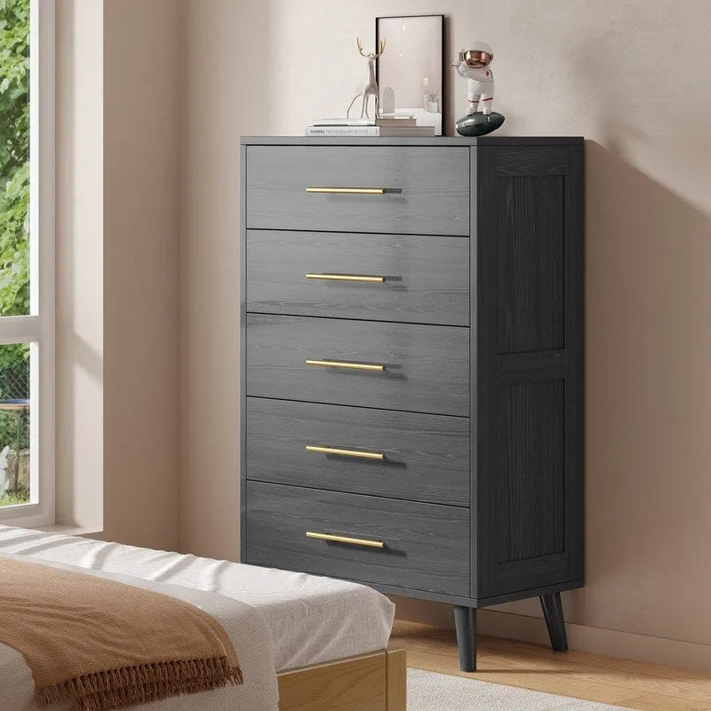 Commode à 5 tiroirs, noir/blanc, avec poignées en métal, pour 1 personne