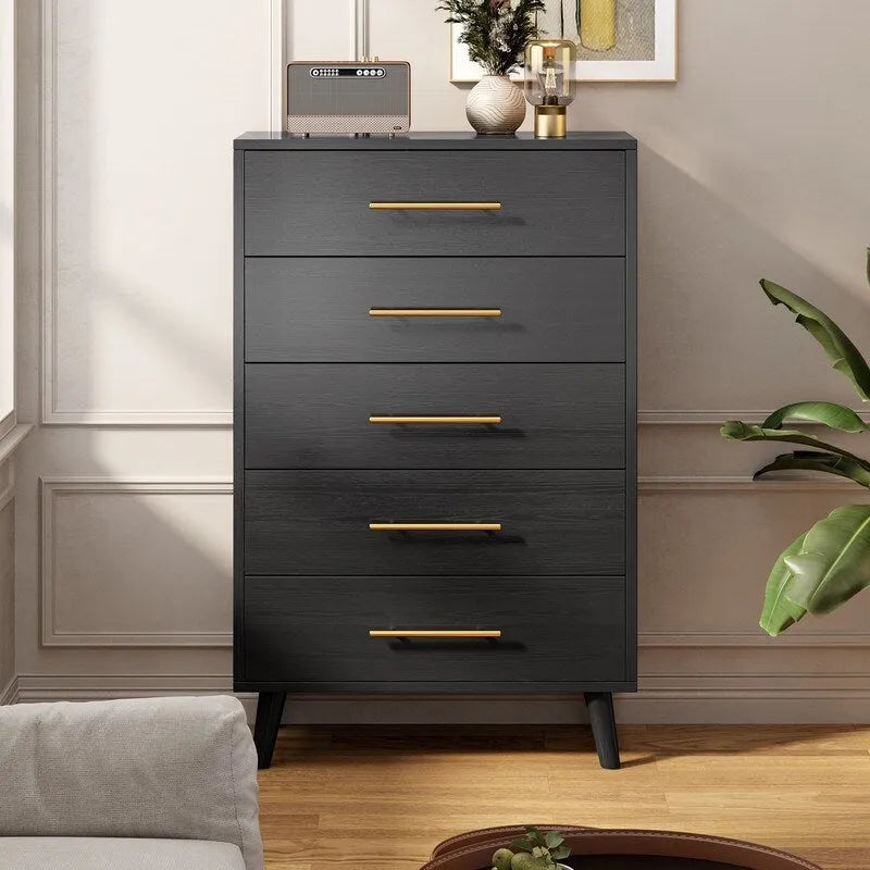 Commode à 5 tiroirs, noir/blanc, avec poignées en métal, pour 1 personne