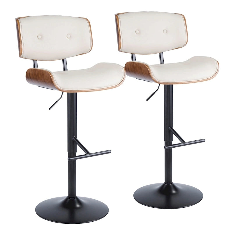 Tabouret de bar pivotant réglable, tissu bruyant/similicuir, noyer/métal noir, lot de 2