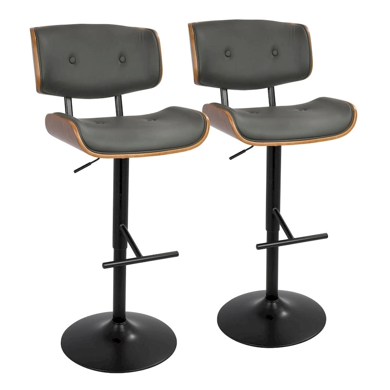 Tabouret de bar pivotant réglable, tissu bruyant/similicuir, noyer/métal noir, lot de 2