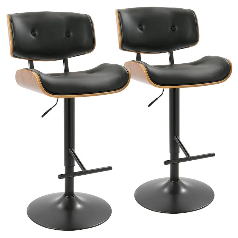 Tabouret de bar pivotant réglable, tissu bruyant/similicuir, noyer/métal noir, lot de 2