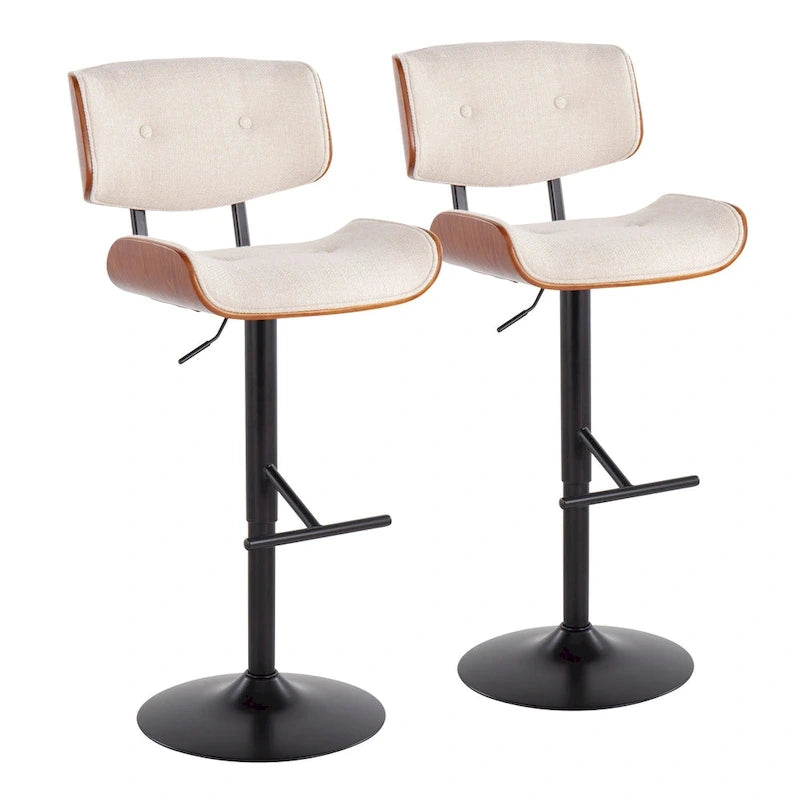 Tabouret de bar pivotant réglable, tissu bruyant/similicuir, noyer/métal noir, lot de 2