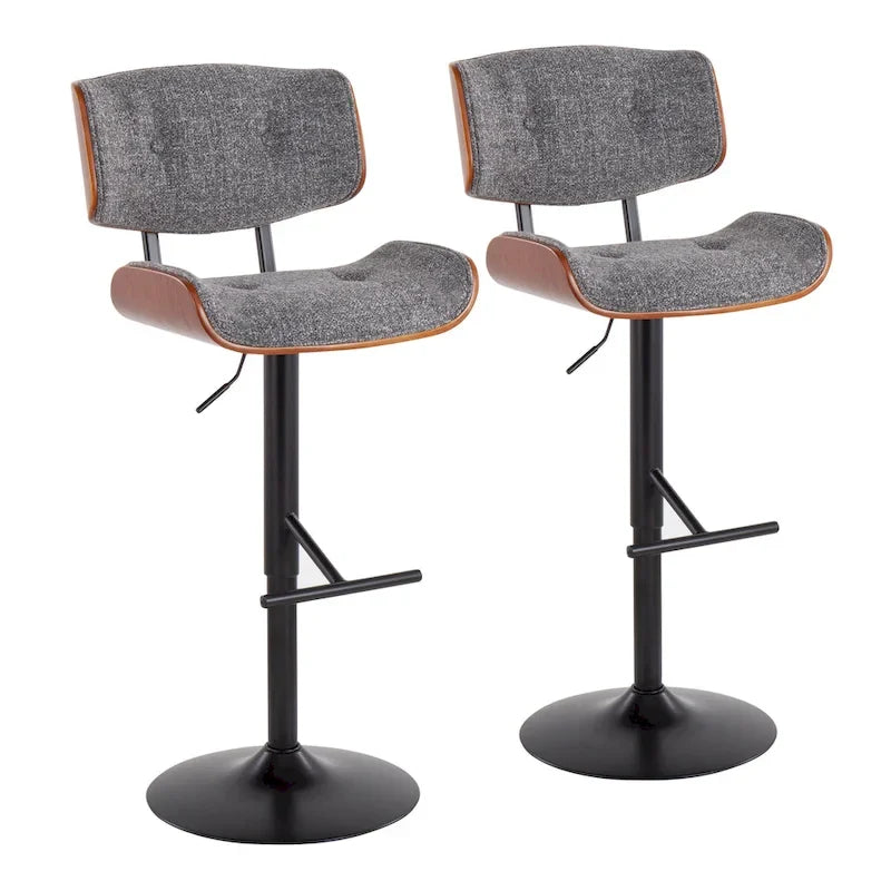Tabouret de bar pivotant réglable, tissu bruyant/similicuir, noyer/métal noir, lot de 2