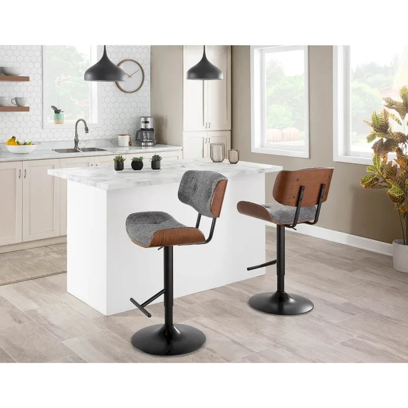 Tabouret de bar pivotant réglable, tissu bruyant/similicuir, noyer/métal noir, lot de 2