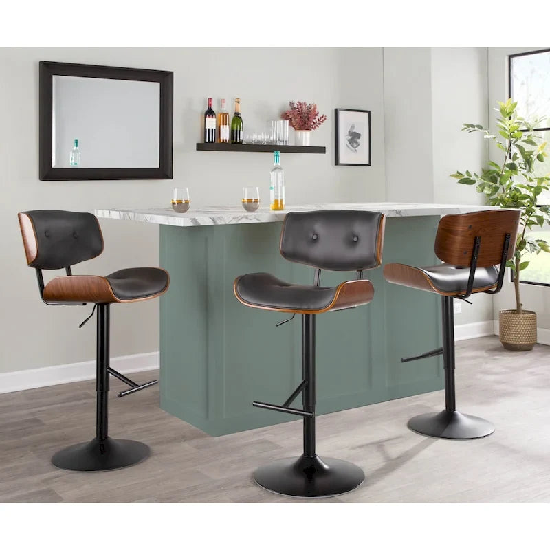 Tabouret de bar pivotant réglable, tissu bruyant/similicuir, noyer/métal noir, lot de 2