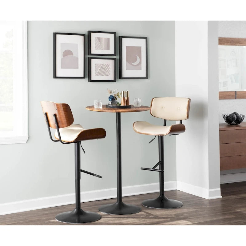 Tabouret de bar pivotant réglable, tissu bruyant/similicuir, noyer/métal noir, lot de 2