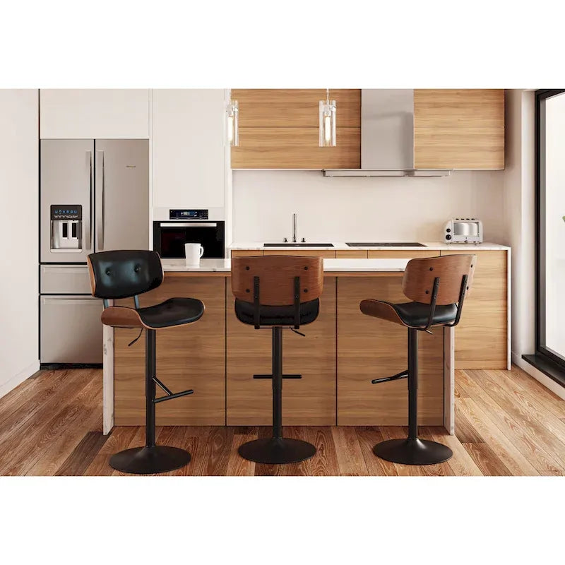 Tabouret de bar pivotant réglable, tissu bruyant/similicuir, noyer/métal noir, lot de 2