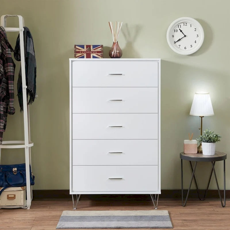Commode 5 tiroirs blanche/noyer, unité simple