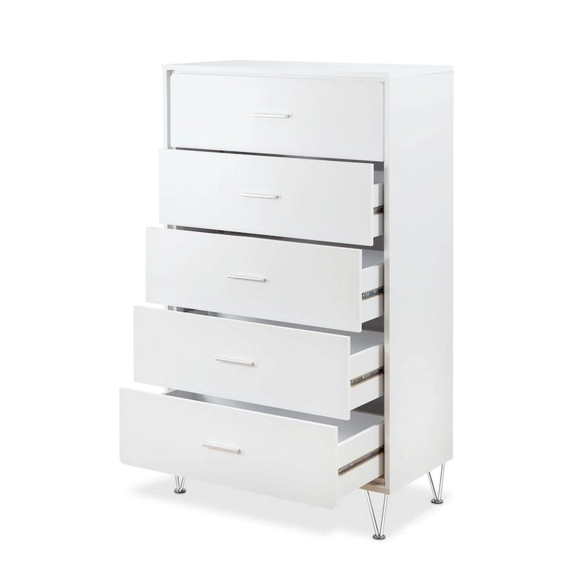 Commode 5 tiroirs blanche/noyer, unité simple