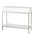 Console de table blanche et chromée à 2 tiroirs, montage par 1 personne