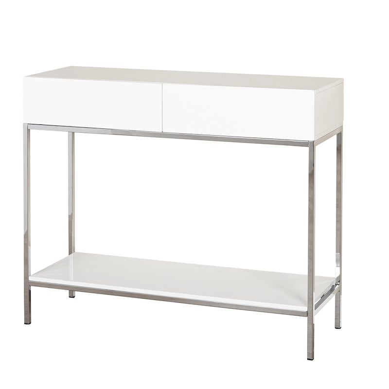 Console de table blanche et chromée à 2 tiroirs, montage par 1 personne