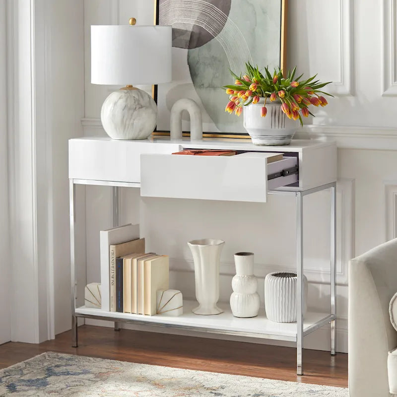 Console de table blanche et chromée à 2 tiroirs, montage par 1 personne