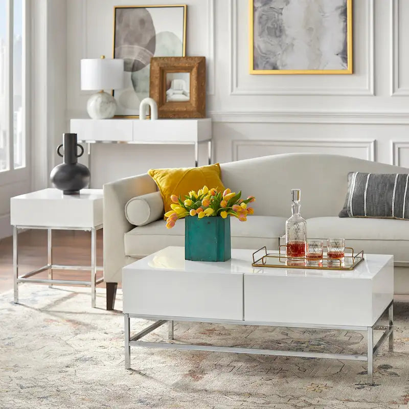 Console de table blanche et chromée à 2 tiroirs, montage par 1 personne